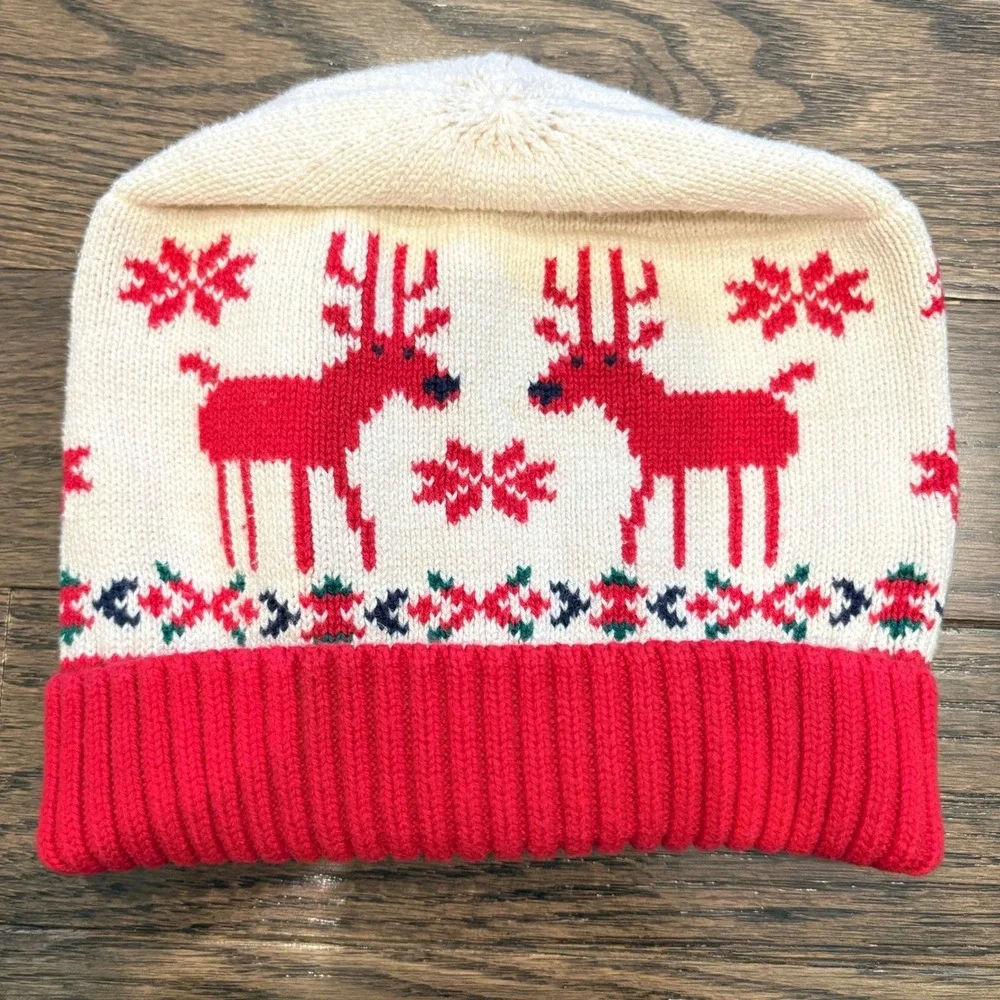 Hanna Andersson Kids Reindeer Fair Isle Knit Beanie Hat‎ Red Cream Size S